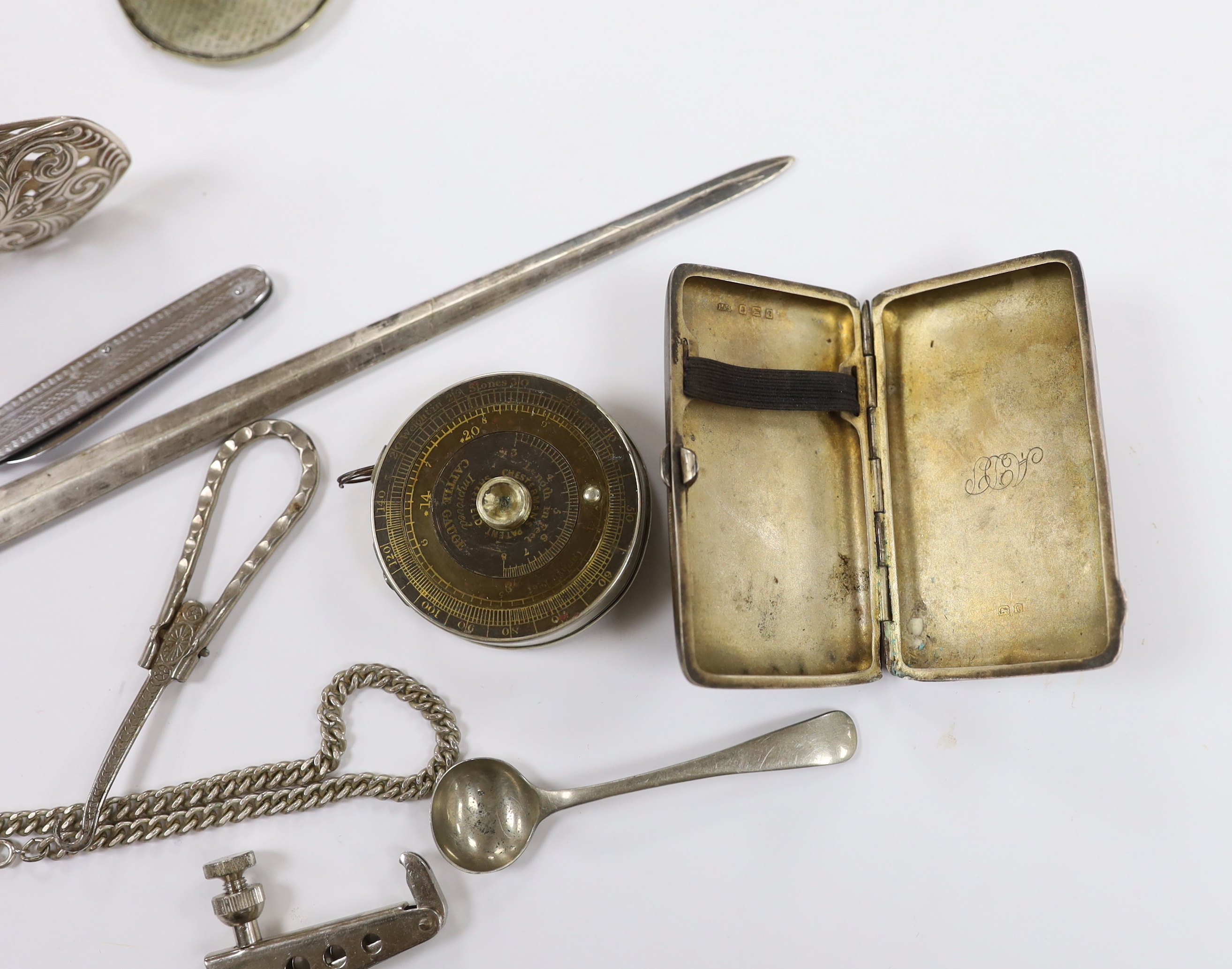 A Chestermans cattle gauge, WMF sugar nips and other various collectables including silver